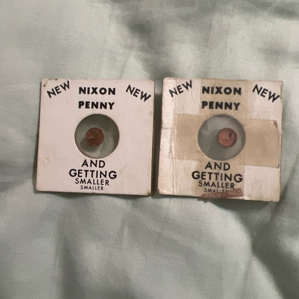 Vintage 1974 NEW "NIXON PENNY...AND GETTING SMALLER" Miniature Coins 2 Pieces